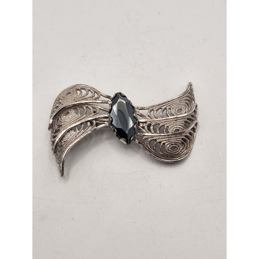 Vintage Bell Trading‎ Post Sterling Silver Filigree Black Onyx Brooch Pin 925